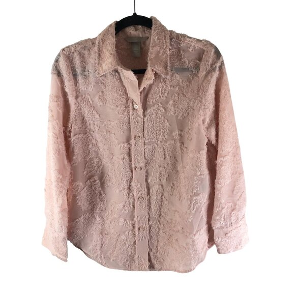 H&M Textured Fuzzy Burnout Light Pink Button-Up Long Sleeve Shirt XS - Picture 1 of 4